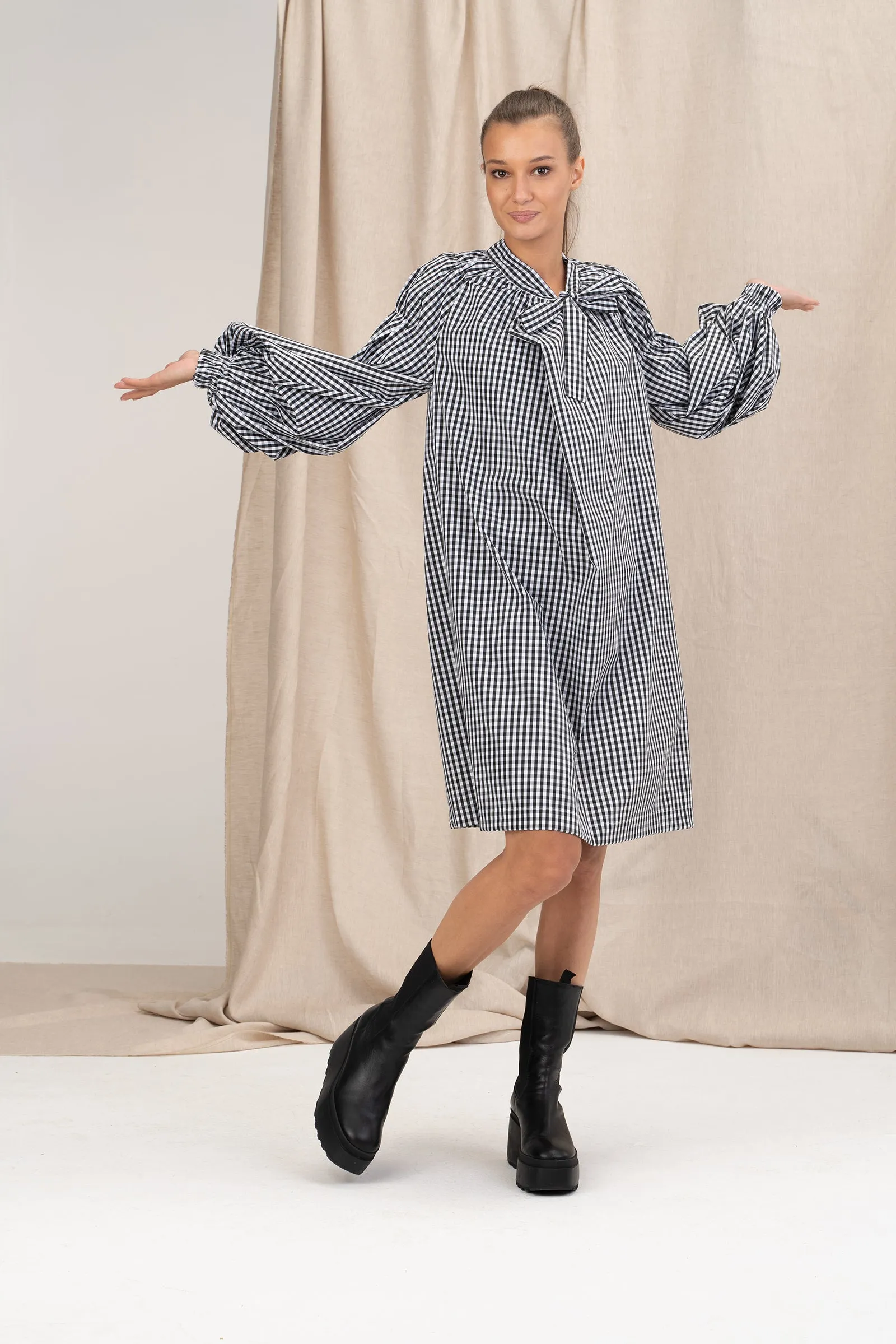 Avant Garde Cotton Puff Sleeves Dress with Ribbon