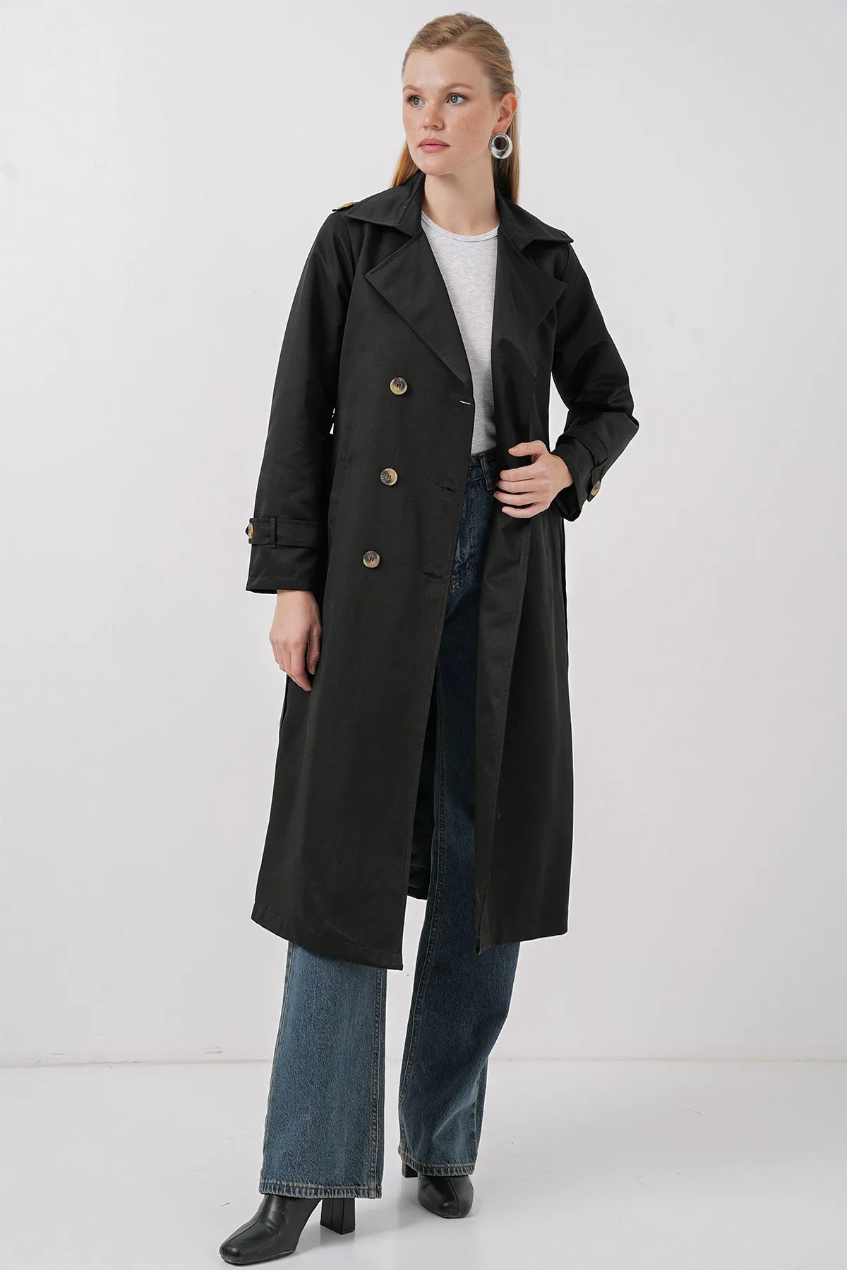 BGD Women Women's Wrap Neck Long Trench Coat - Black - Bitterfeld