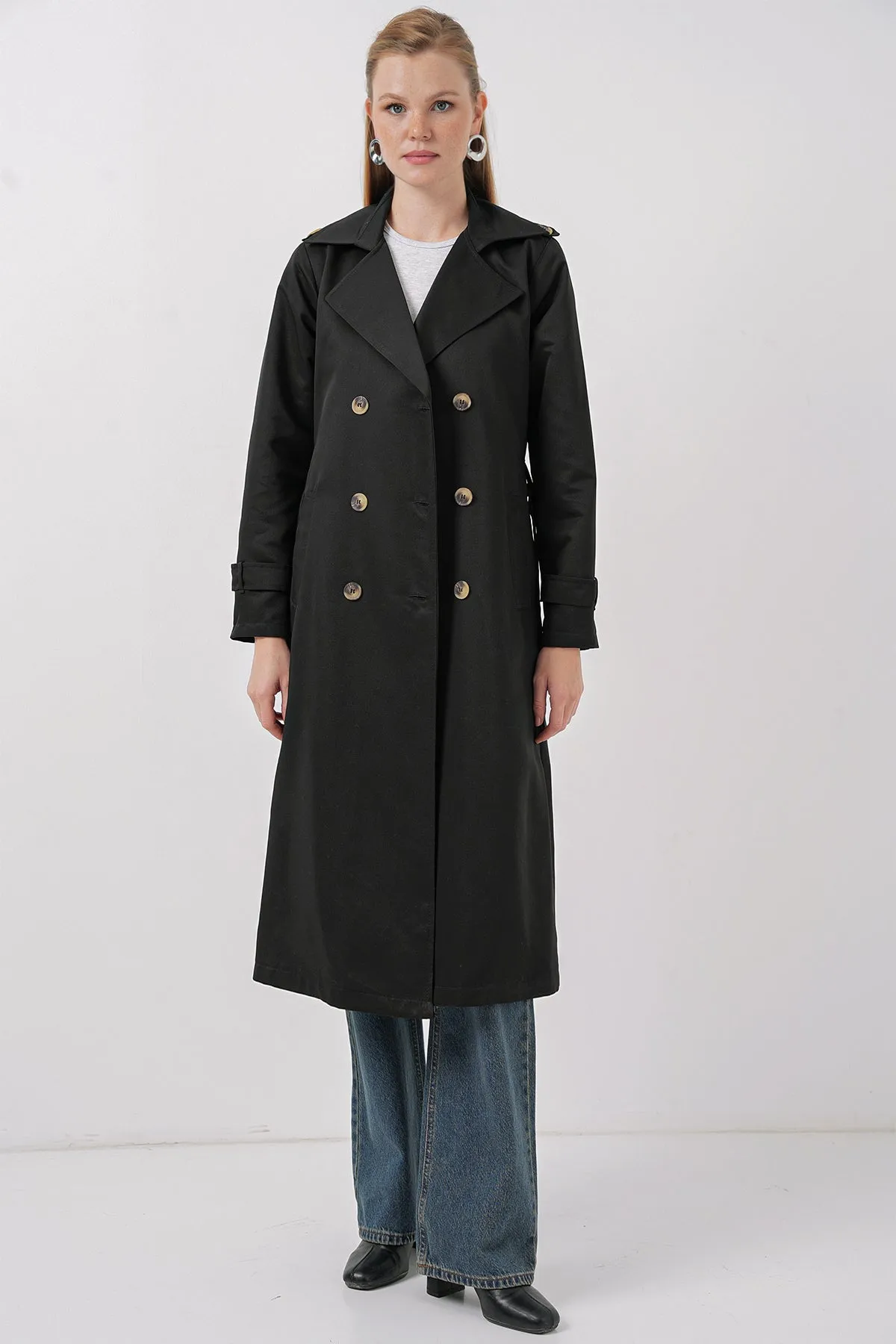 BGD Women Women's Wrap Neck Long Trench Coat - Black - Bitterfeld