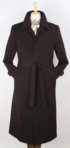 Black Diamond Mens Solid Brown 100% Wool Gabardine Belted Duster Overcoat