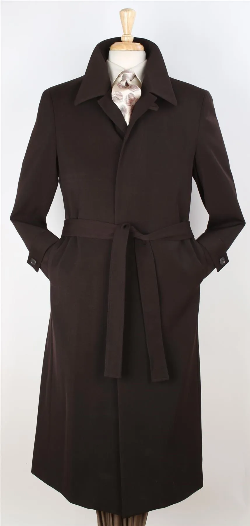 Black Diamond Mens Solid Brown 100% Wool Gabardine Belted Duster Overcoat