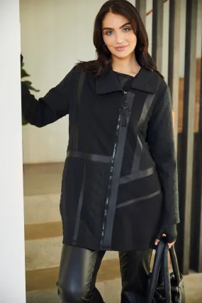 Black Quilted Coat with Contrast Panels & Front Zip