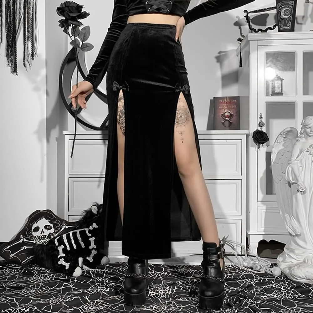 Black Velvet Double Slit Midi Skirt