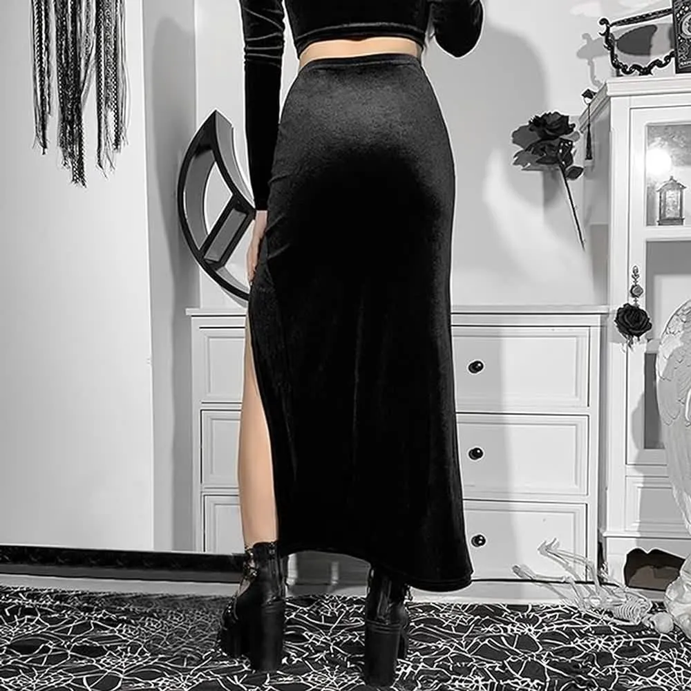 Black Velvet Double Slit Midi Skirt