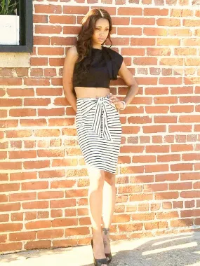 Black/White Stripe Self-Tie Midi Skirt