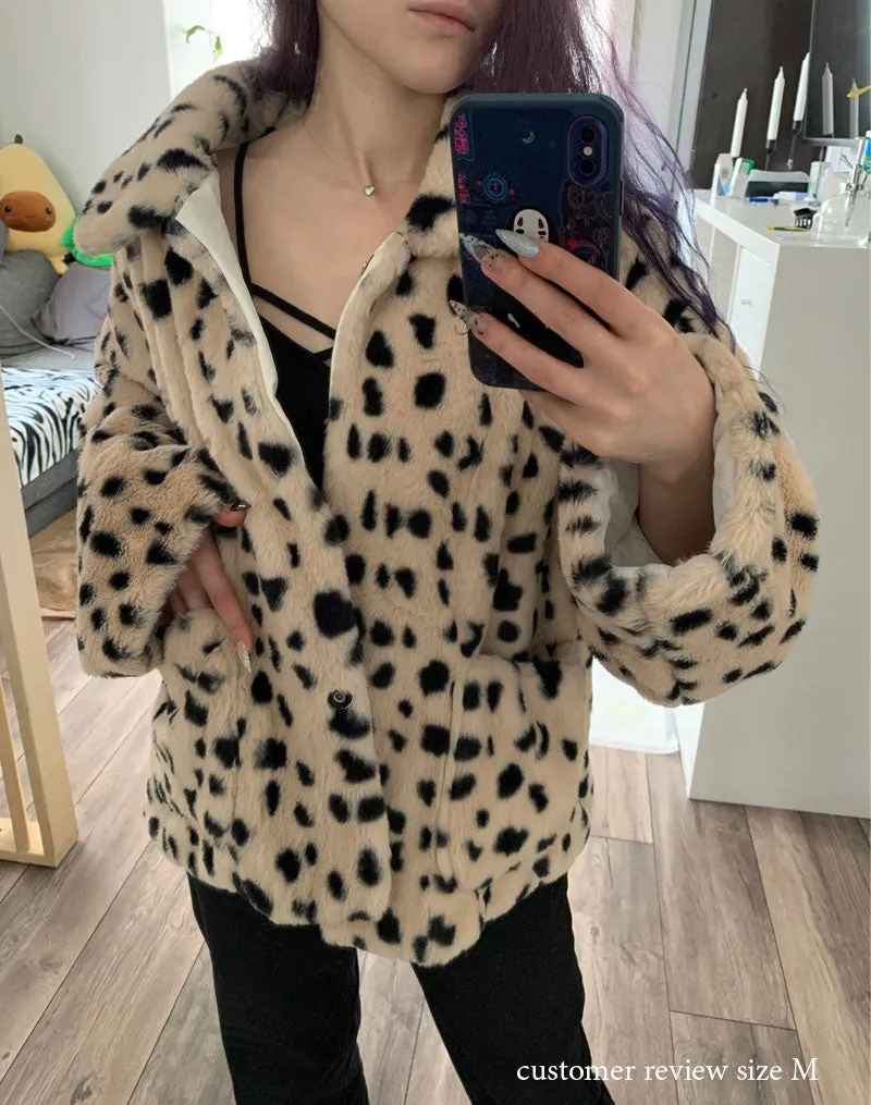 Boho Winter Coat, Fur Coat, Faux Fox Fur, White Black Dalmatian