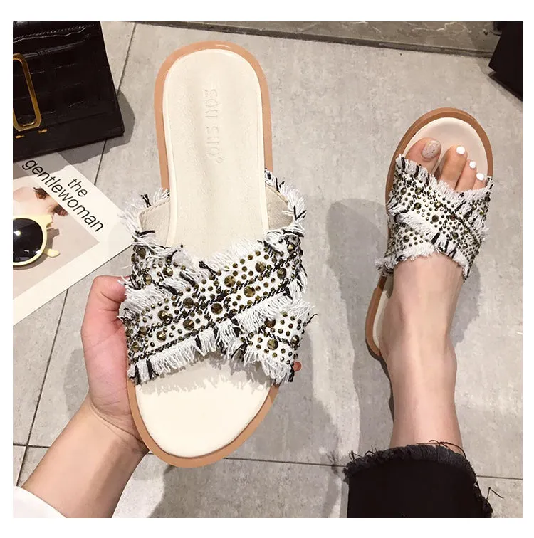 BOOPDO DESIGN EMBELLISHED CROSS STRAP FLAT SANDALS