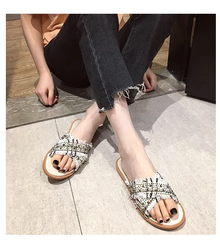 BOOPDO DESIGN EMBELLISHED CROSS STRAP FLAT SANDALS