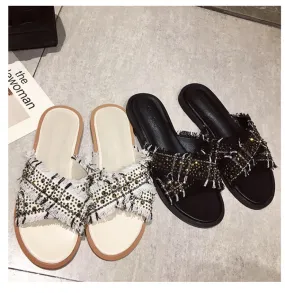 BOOPDO DESIGN EMBELLISHED CROSS STRAP FLAT SANDALS