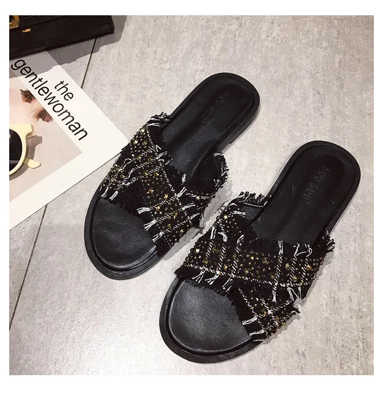 BOOPDO DESIGN EMBELLISHED CROSS STRAP FLAT SANDALS
