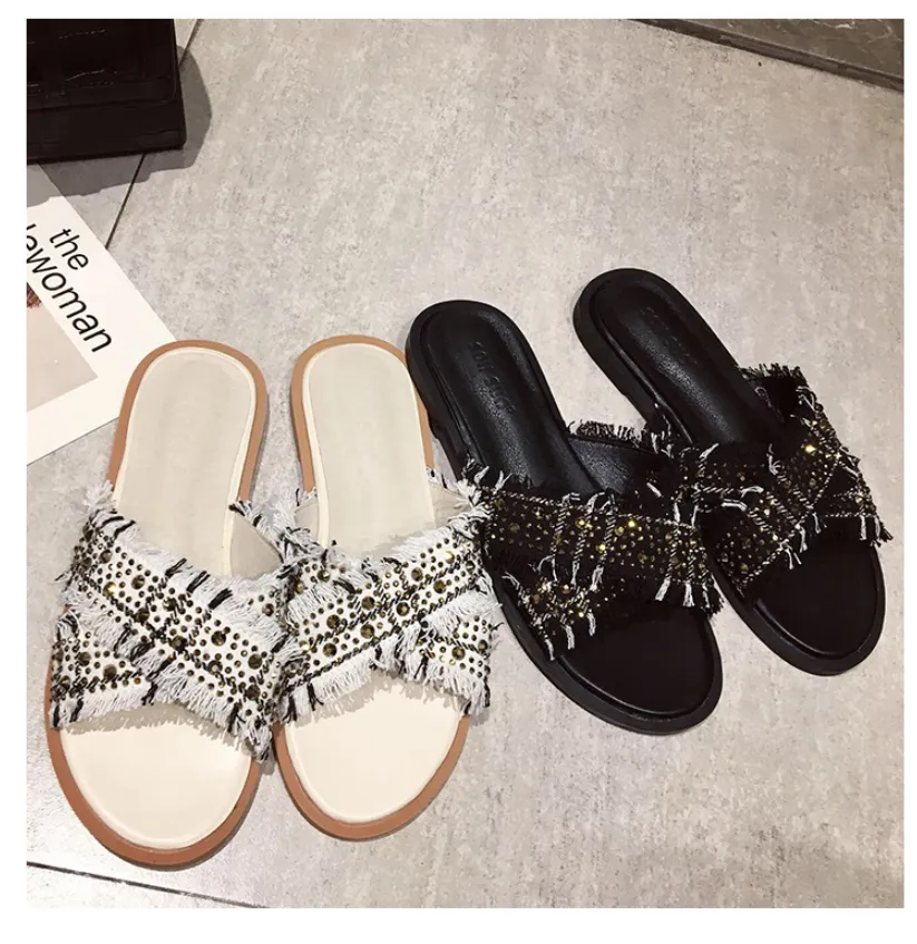 BOOPDO DESIGN EMBELLISHED CROSS STRAP FLAT SANDALS