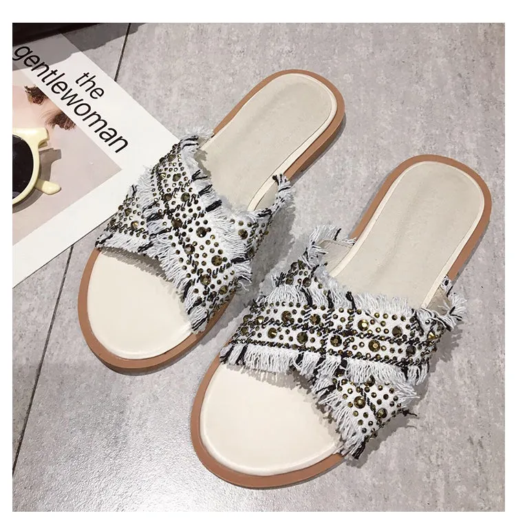 BOOPDO DESIGN EMBELLISHED CROSS STRAP FLAT SANDALS