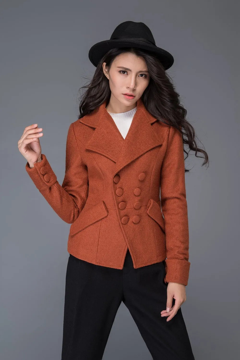 brown coat, wool jacket, winter jacket, asymmetric jacket, womens blazer, retro wool coat, jacket, mini coat, winter coat, coat, C1018
