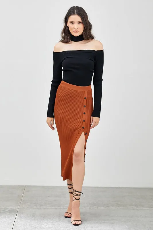 Charleston Button Detail Midi Skirt with Slit