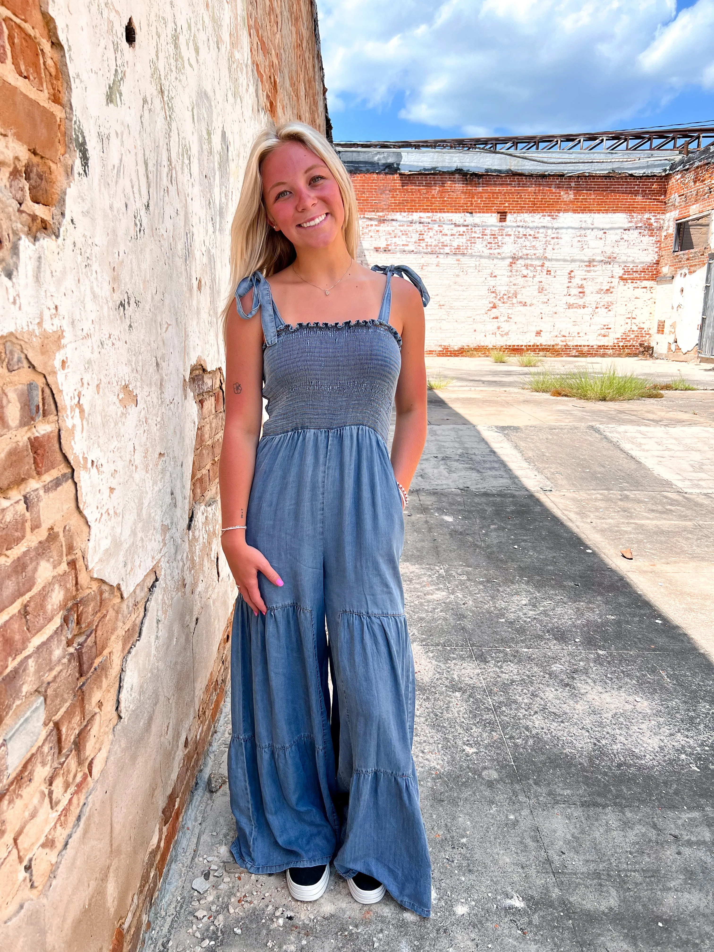 Claira Smocked Tie Shoulder Chambray Palazzo Wide Pant Jumpsuit