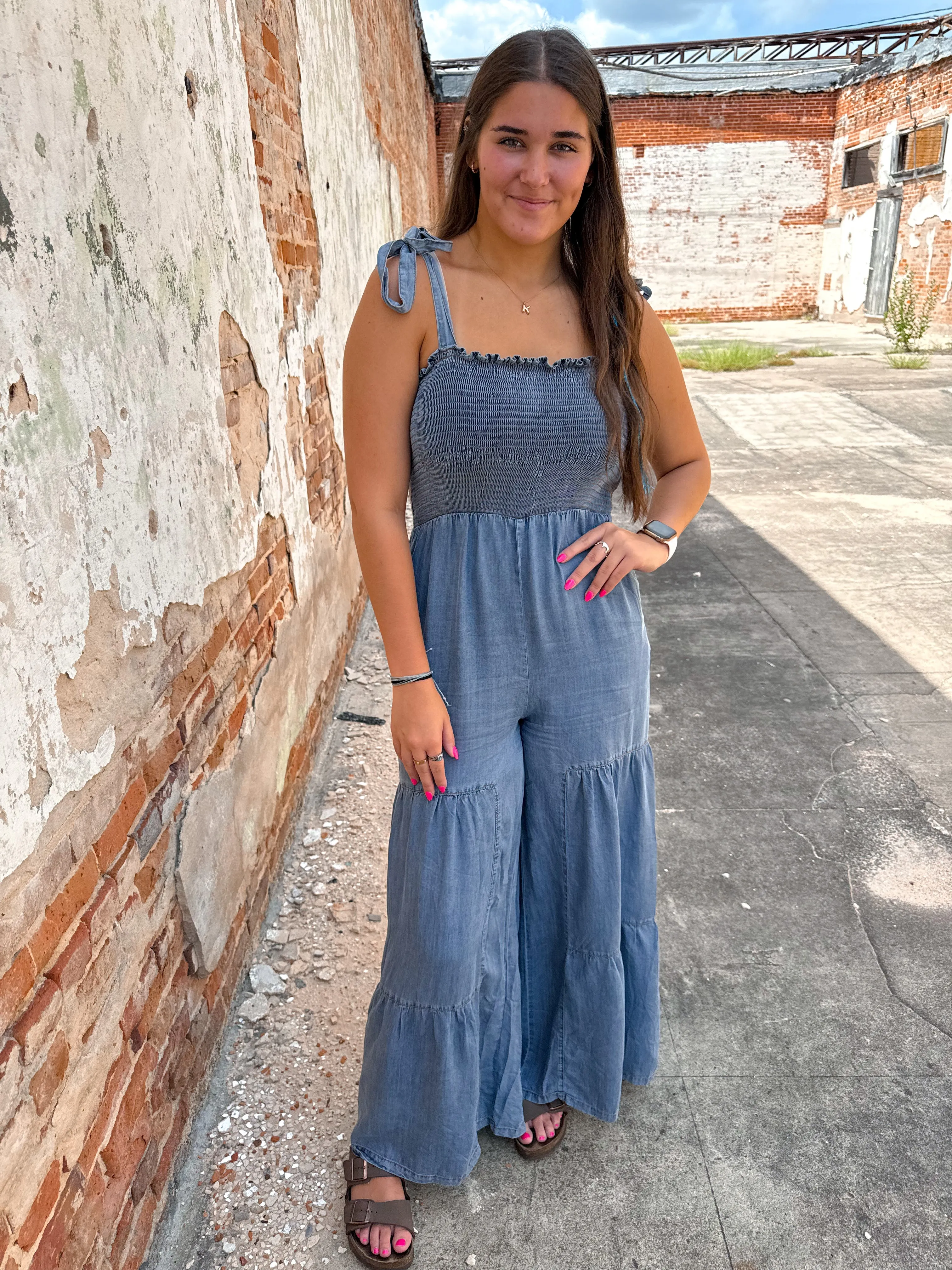 Claira Smocked Tie Shoulder Chambray Palazzo Wide Pant Jumpsuit