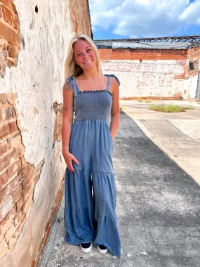 Claira Smocked Tie Shoulder Chambray Palazzo Wide Pant Jumpsuit
