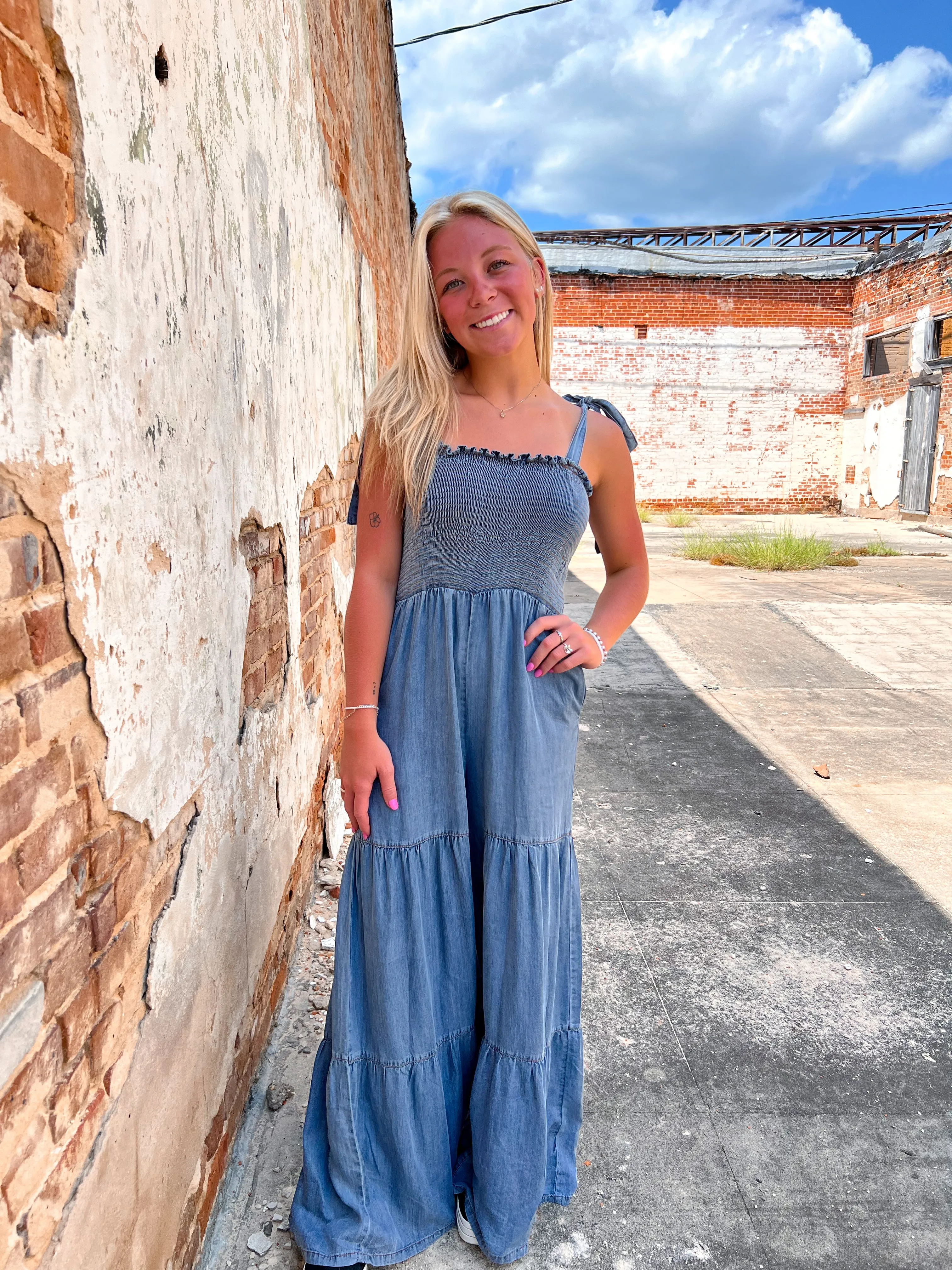 Claira Smocked Tie Shoulder Chambray Palazzo Wide Pant Jumpsuit