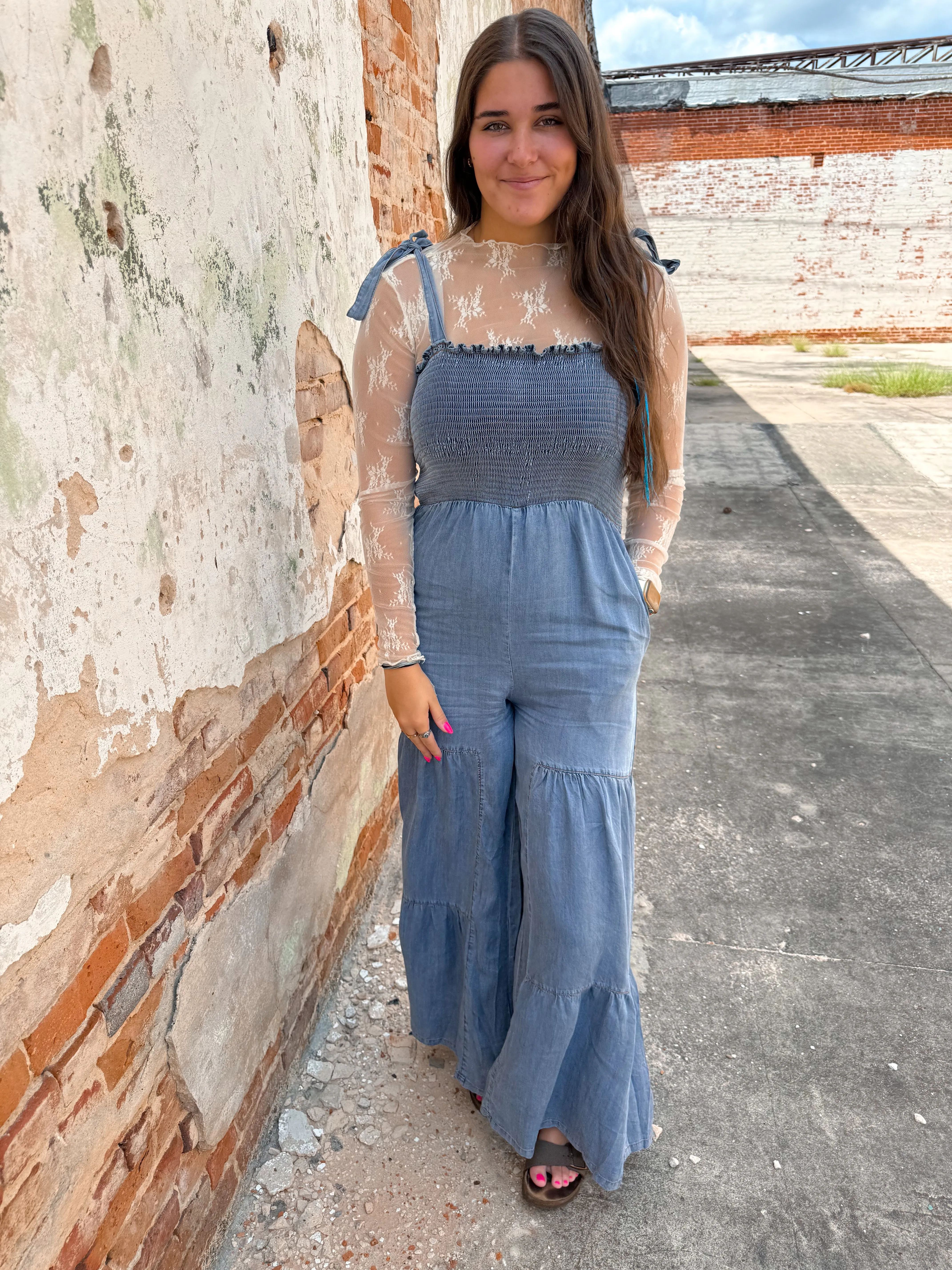 Claira Smocked Tie Shoulder Chambray Palazzo Wide Pant Jumpsuit