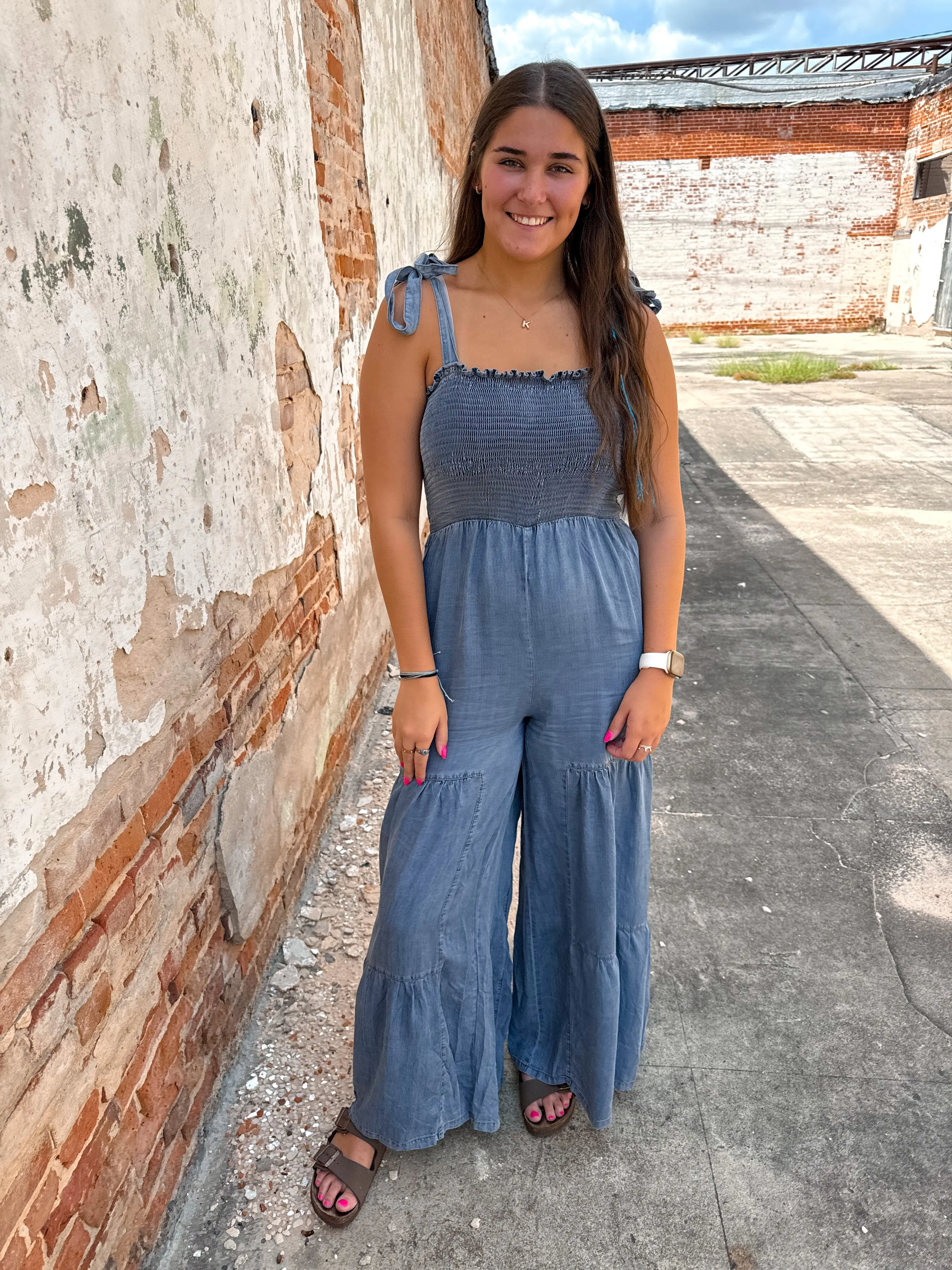 Claira Smocked Tie Shoulder Chambray Palazzo Wide Pant Jumpsuit