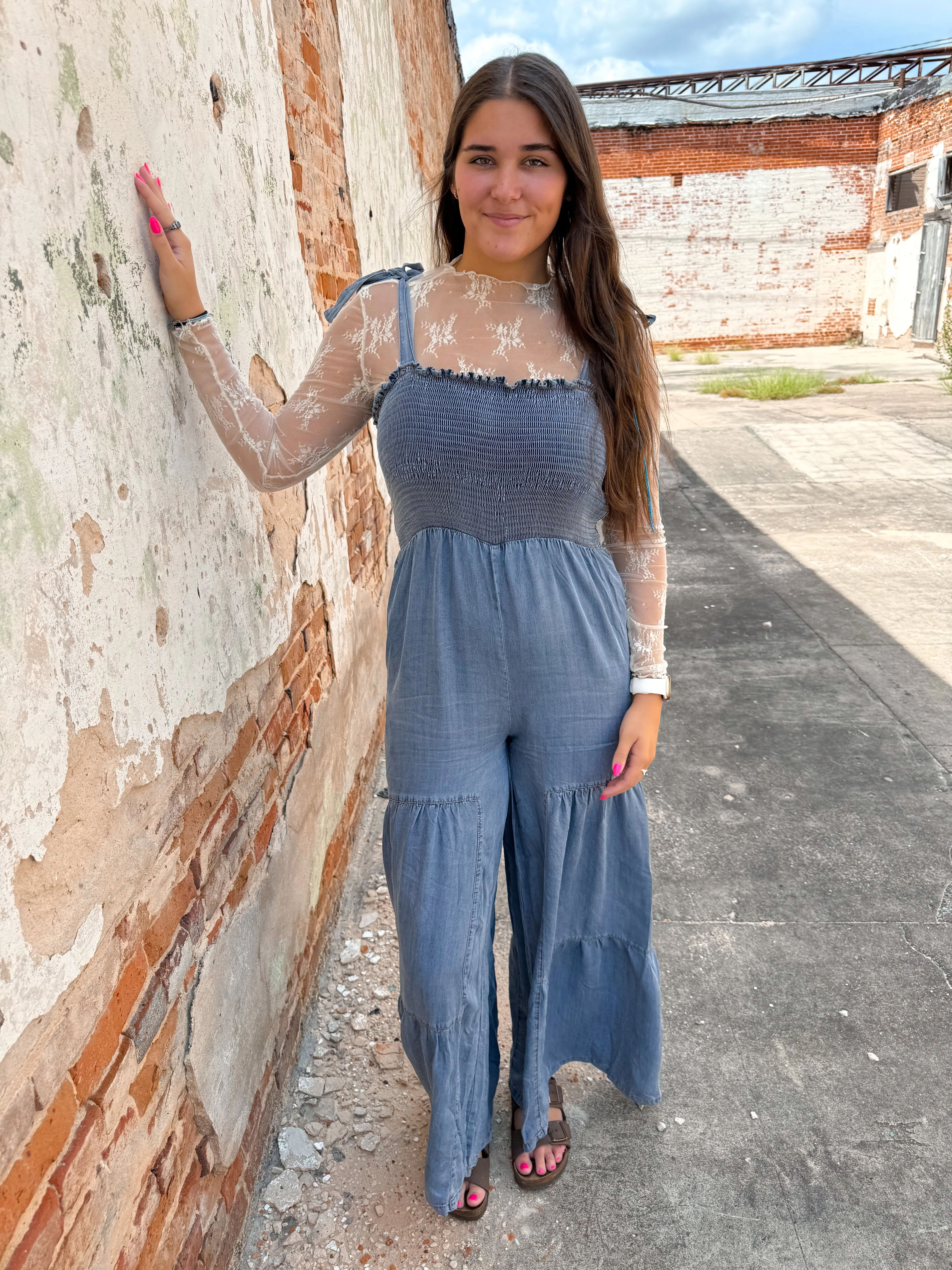 Claira Smocked Tie Shoulder Chambray Palazzo Wide Pant Jumpsuit