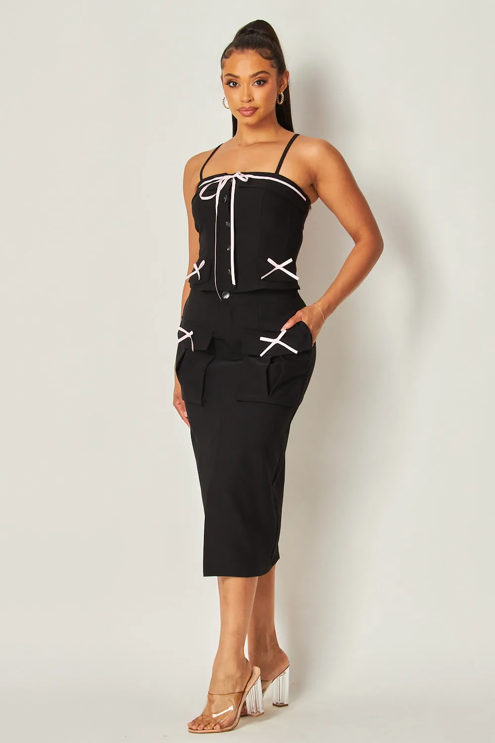 Coquette Mini Bow Button Down Cami & Midi Skirt Set