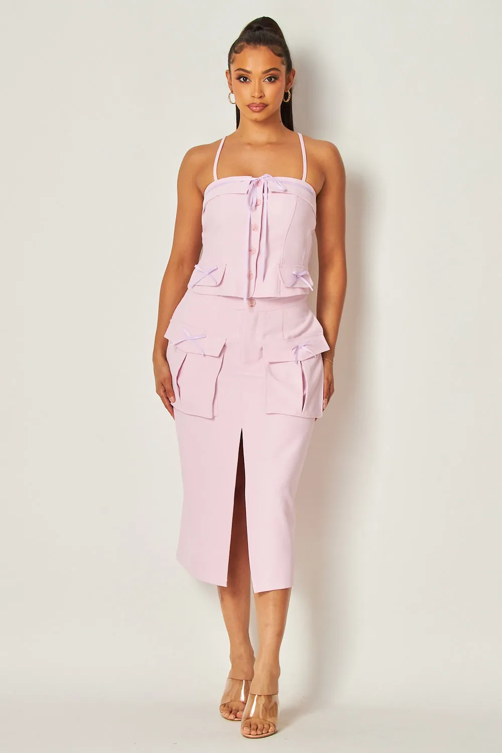 Coquette Mini Bow Button Down Cami & Midi Skirt Set