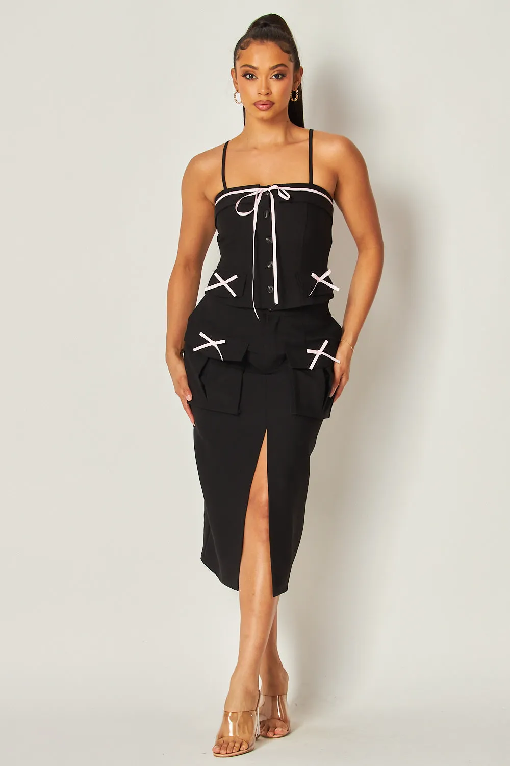 Coquette Mini Bow Button Down Cami & Midi Skirt Set