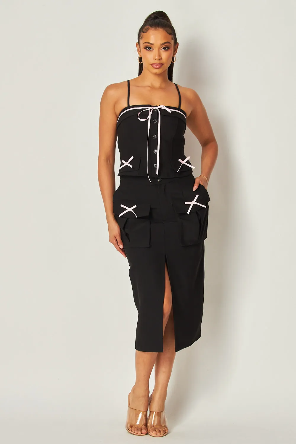 Coquette Mini Bow Button Down Cami & Midi Skirt Set