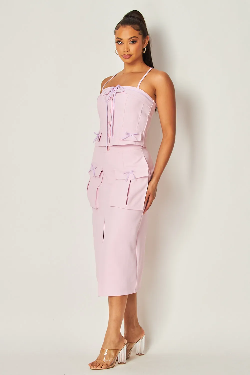 Coquette Mini Bow Button Down Cami & Midi Skirt Set