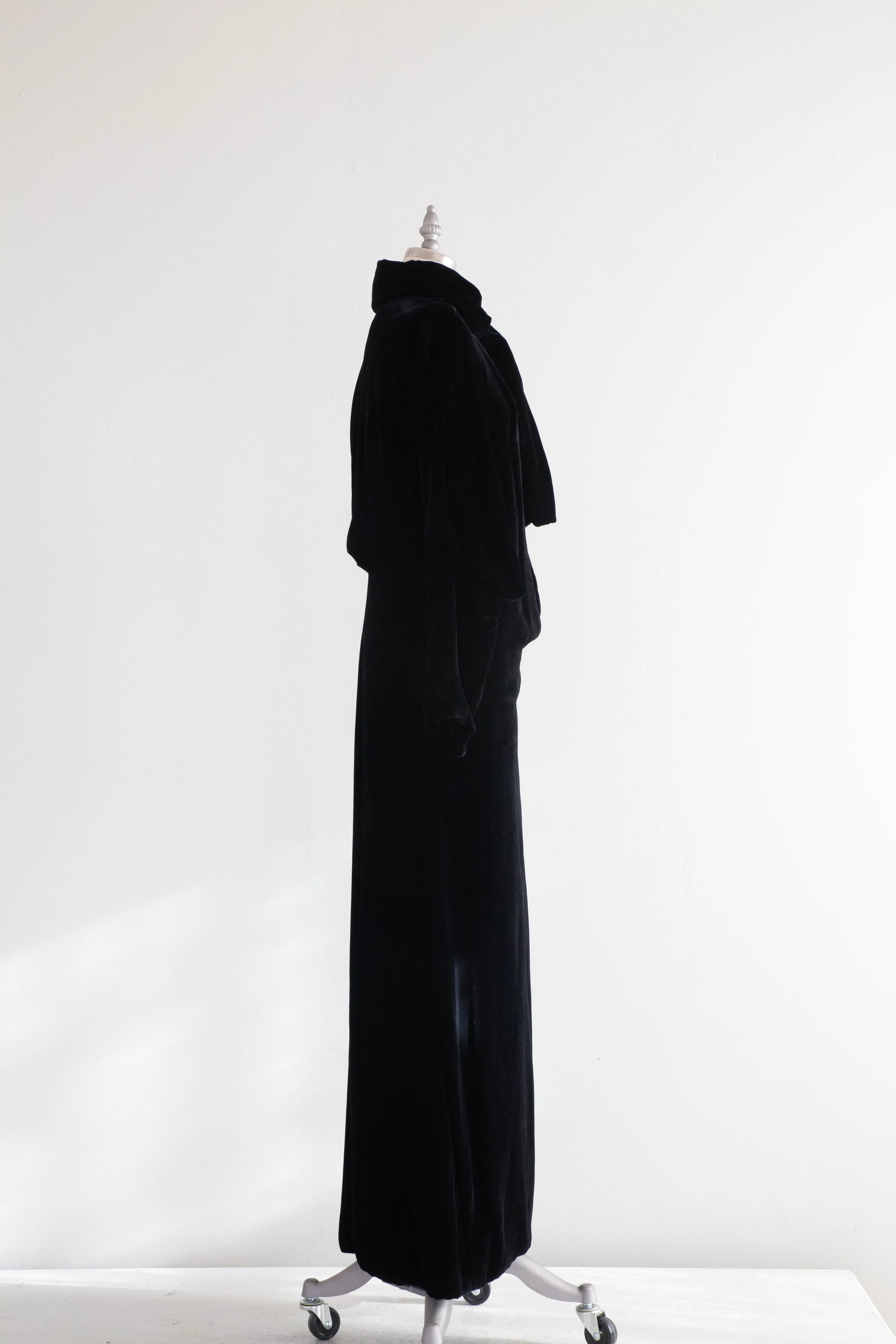 Divine Late 1920's Black Silk Velvet Full Length Evening Coat / SM