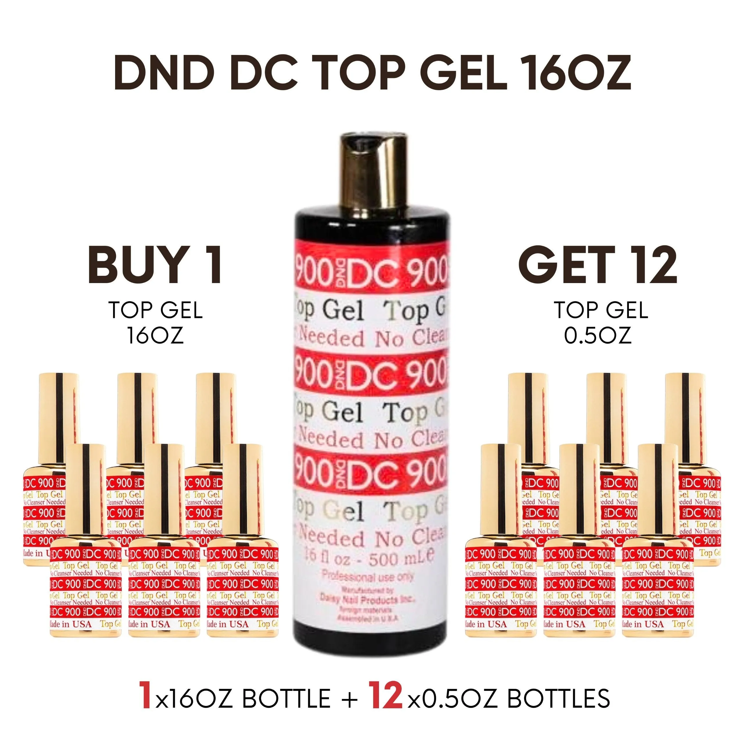 DND DC Gel Top Coat 900  No Cleanser 16oz   Free 12 0.5oz Bottles
