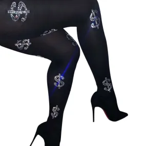 DOLLAR Money Sign Rhinestone Tights- Black
