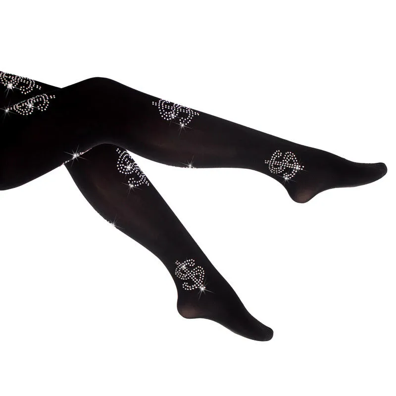 DOLLAR Money Sign Rhinestone Tights- Black