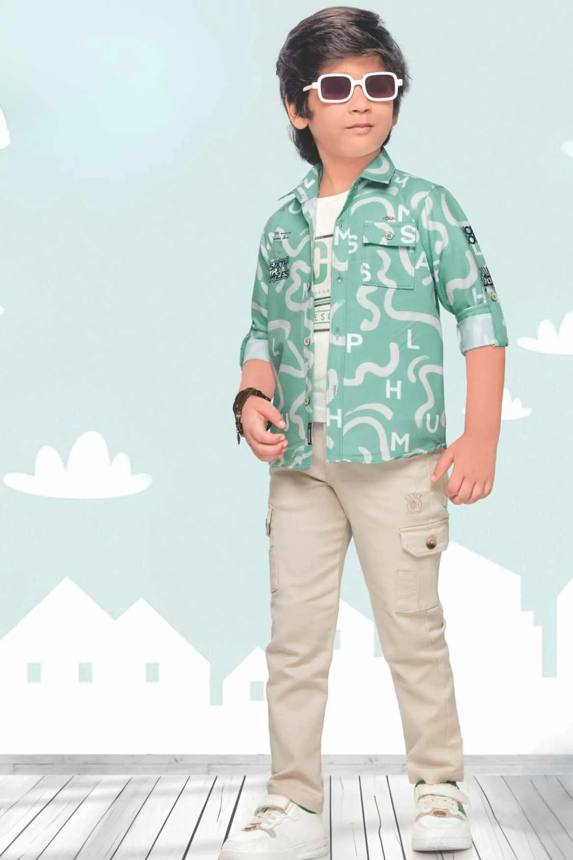 Green Overcoat With White T-shirt And Pant Set For Boys