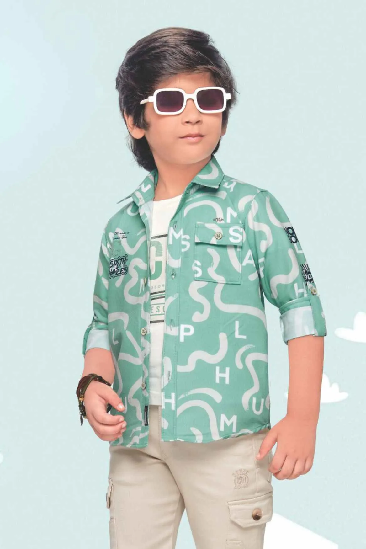 Green Overcoat With White T-shirt And Pant Set For Boys