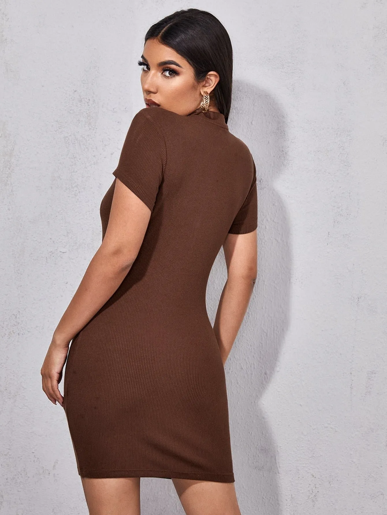 Half Placket Rib-knit Slim Fit Mini Dress
