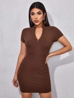 Half Placket Rib-knit Slim Fit Mini Dress
