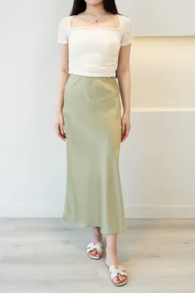 High Waist A-Line Midi Satin Skirt Avocado