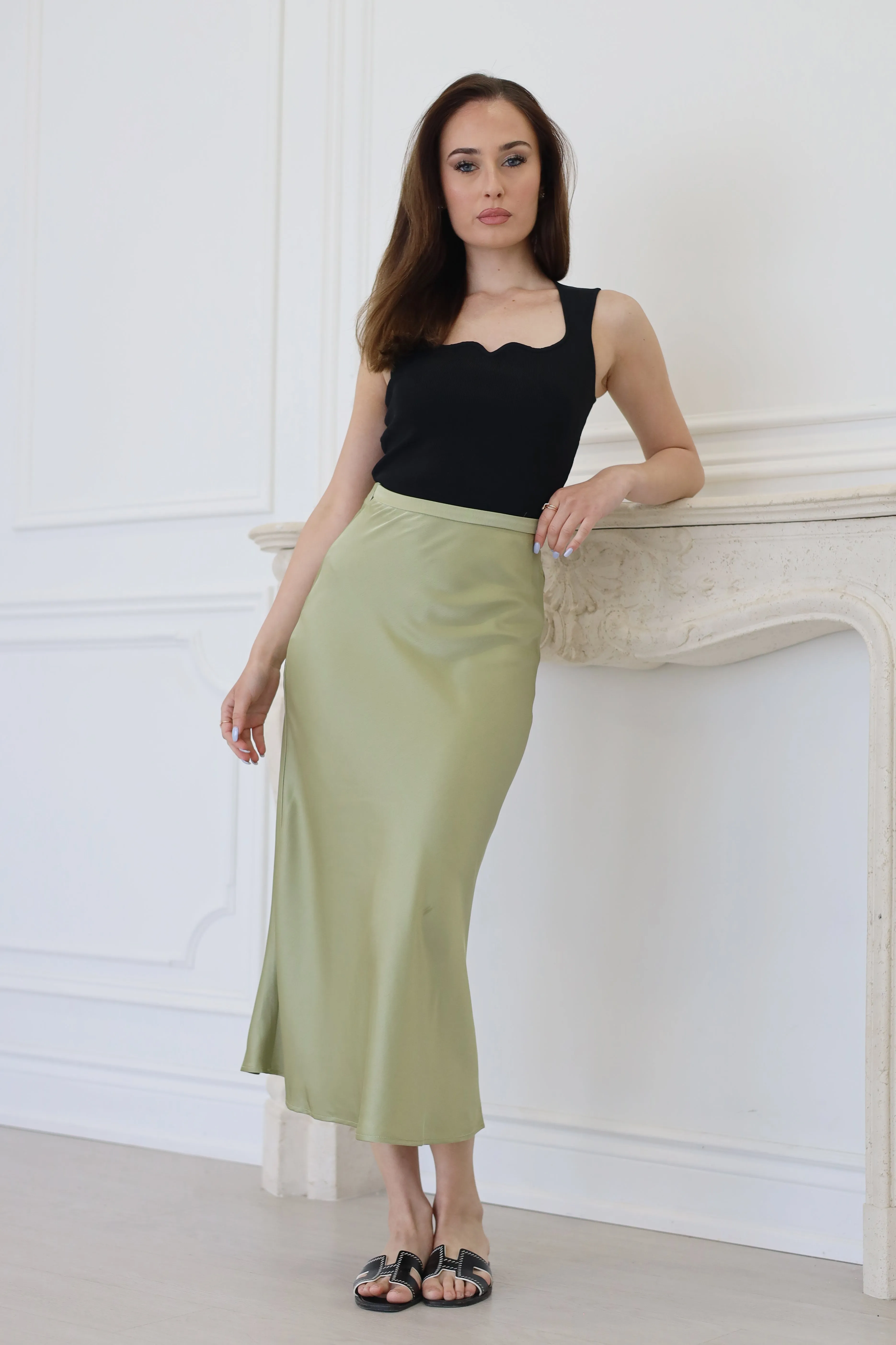 High Waist A-Line Midi Satin Skirt Avocado