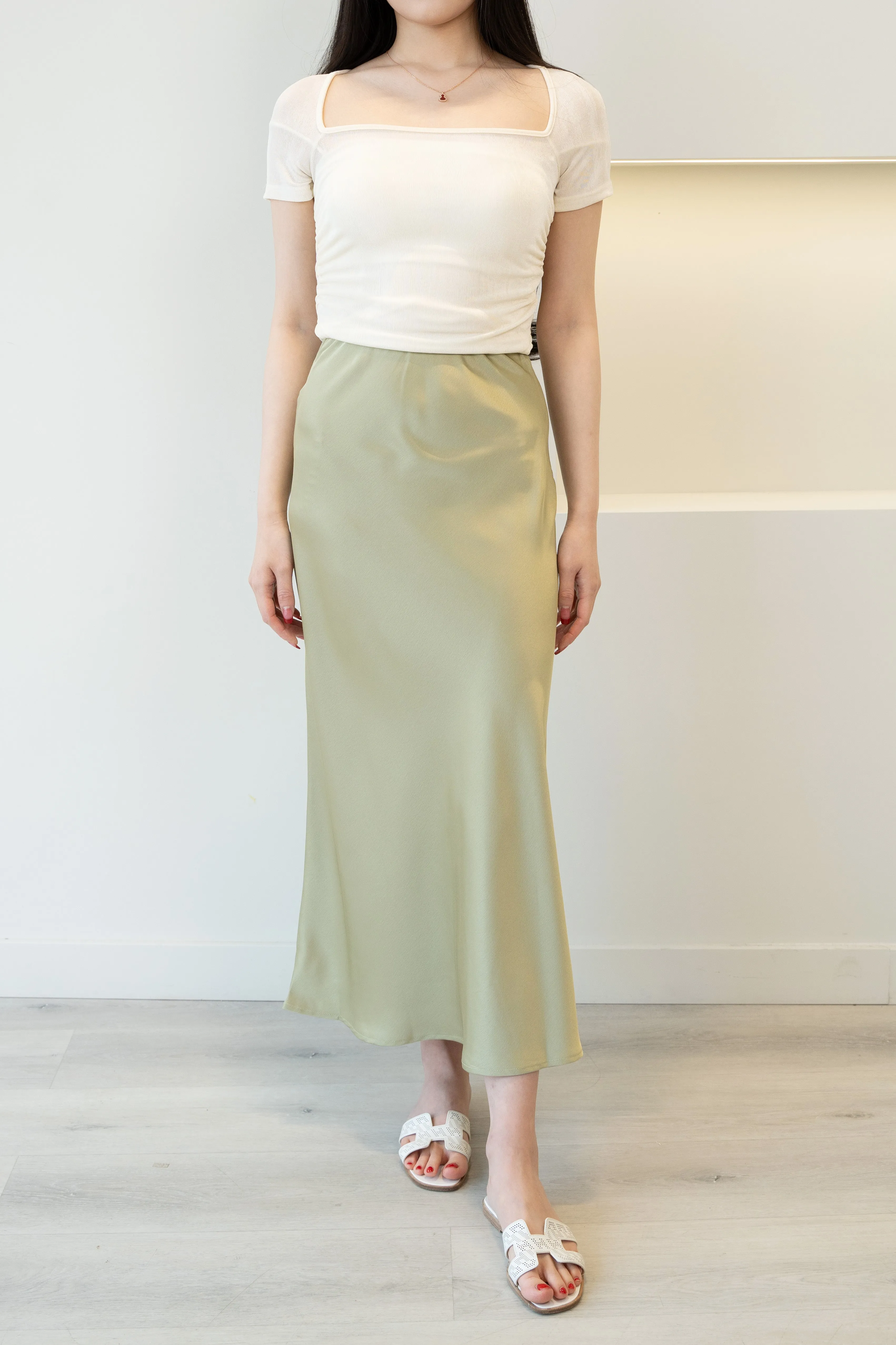High Waist A-Line Midi Satin Skirt Avocado