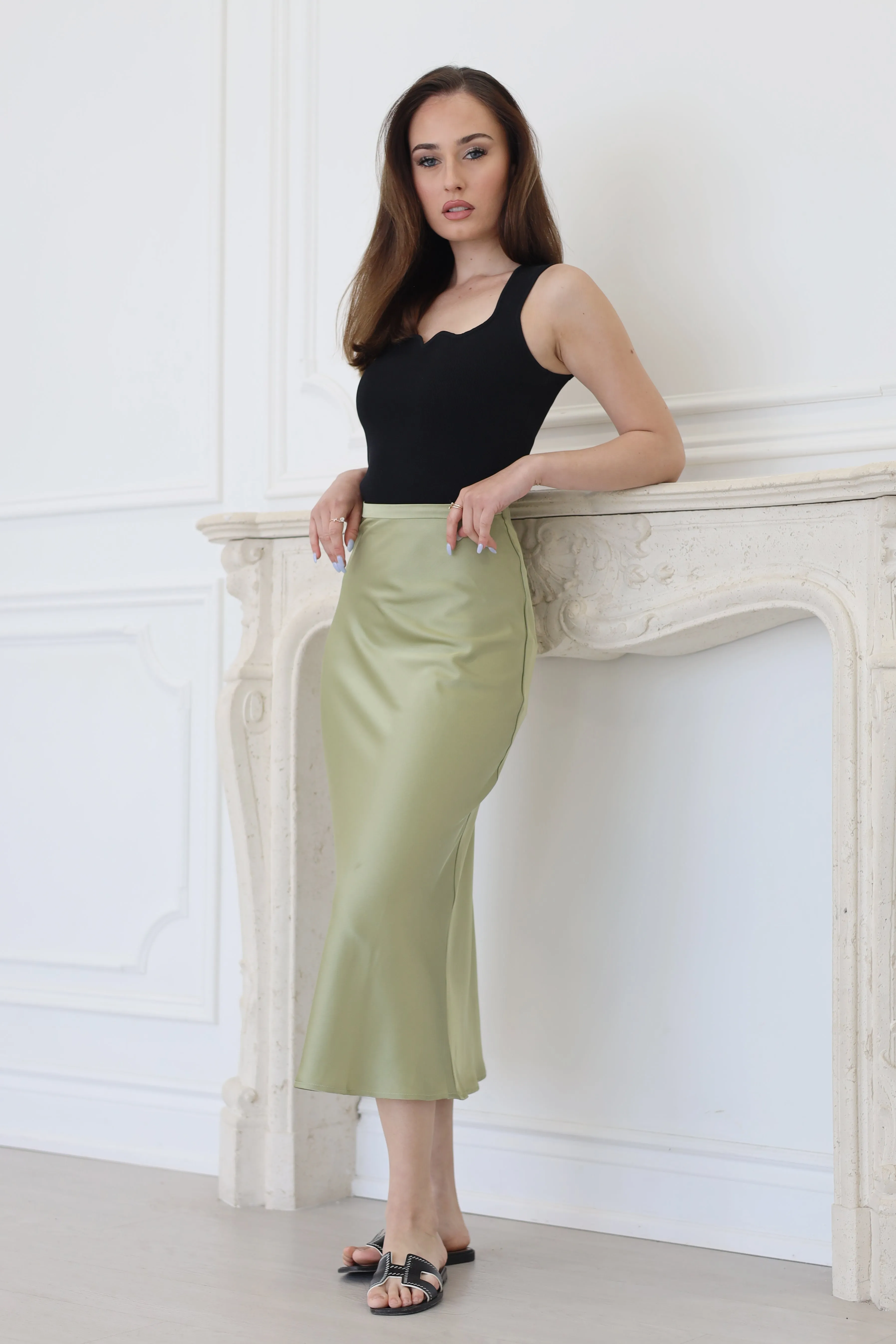 High Waist A-Line Midi Satin Skirt Avocado