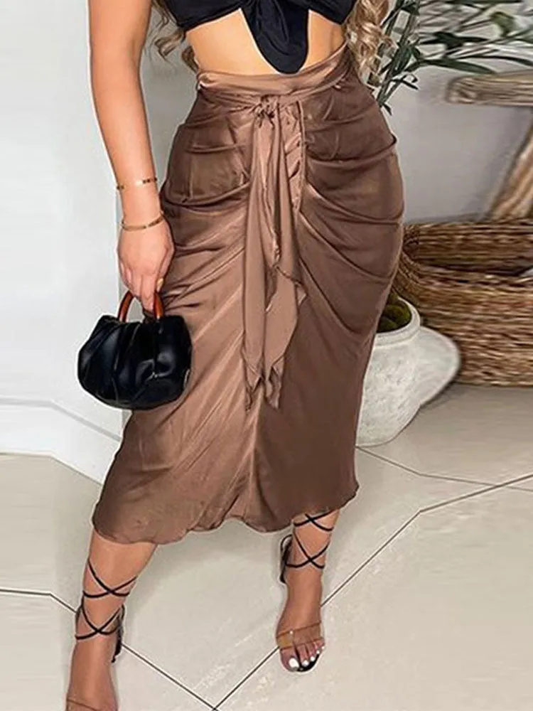 High Waist Pleated Midi Skirt With Belt