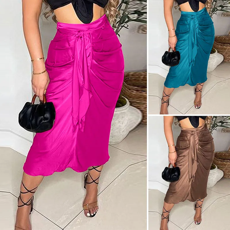 High Waist Pleated Midi Skirt With Belt