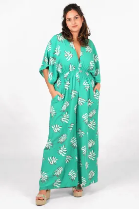 Jilly Deep V Jumpsuit - Green, Palm Leaf