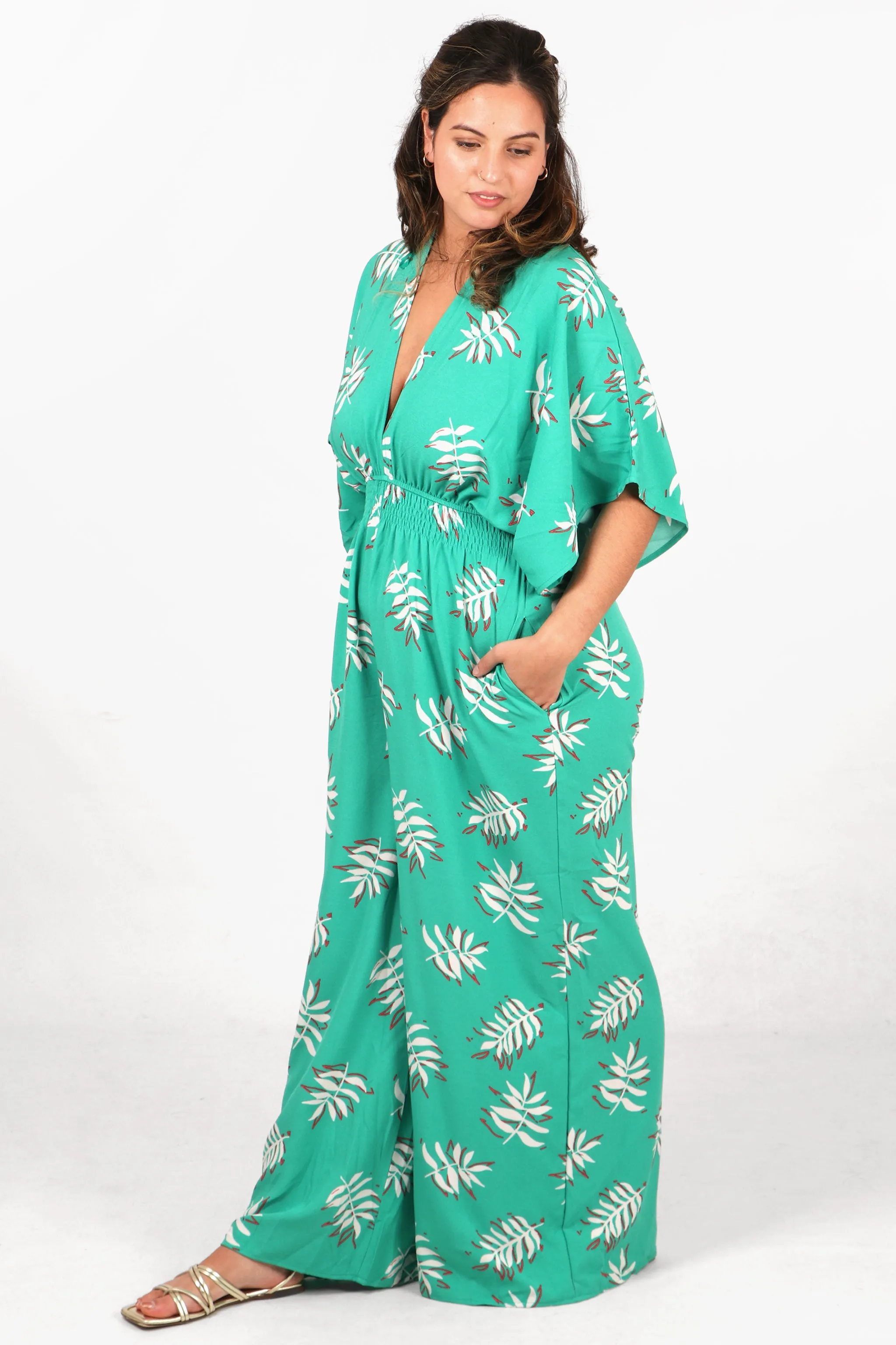Jilly Deep V Jumpsuit - Green, Palm Leaf