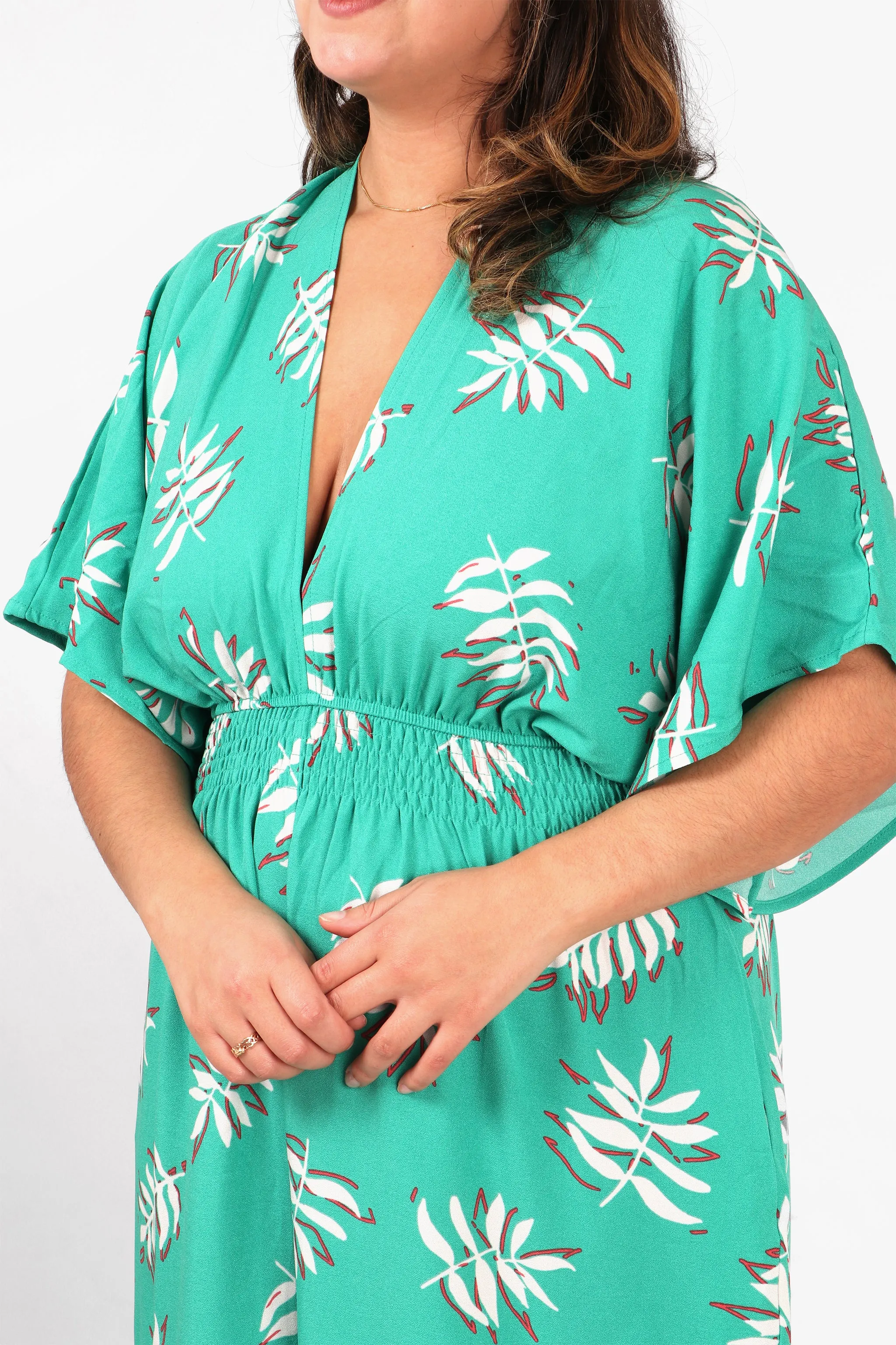 Jilly Deep V Jumpsuit - Green, Palm Leaf