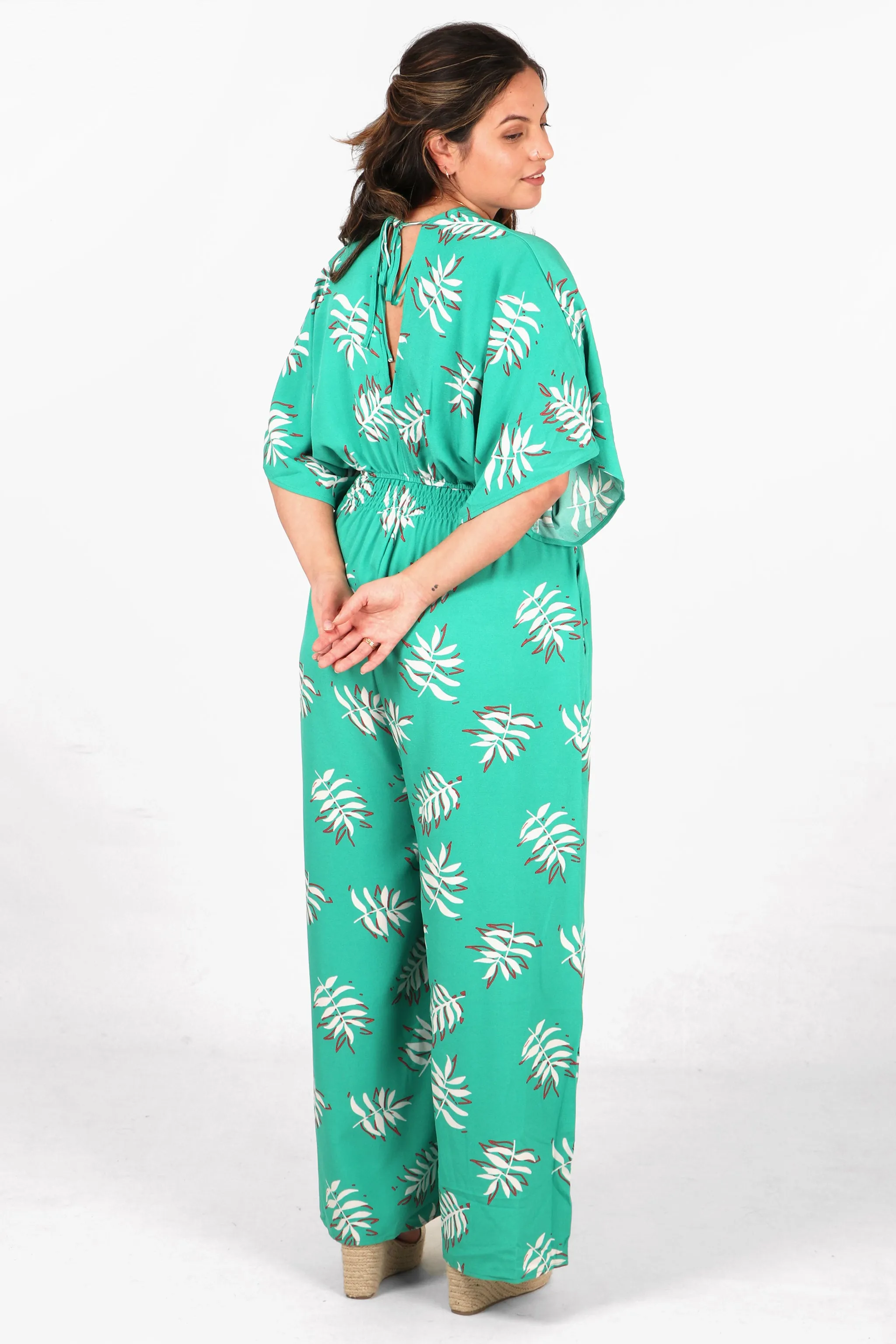 Jilly Deep V Jumpsuit - Green, Palm Leaf