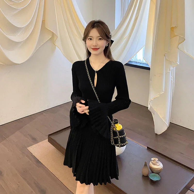 Korean Fashion Dresses for Women Autumn Winter Elegant Flare Sleeve Black Knit Wool Dress  High Quality Vestidos