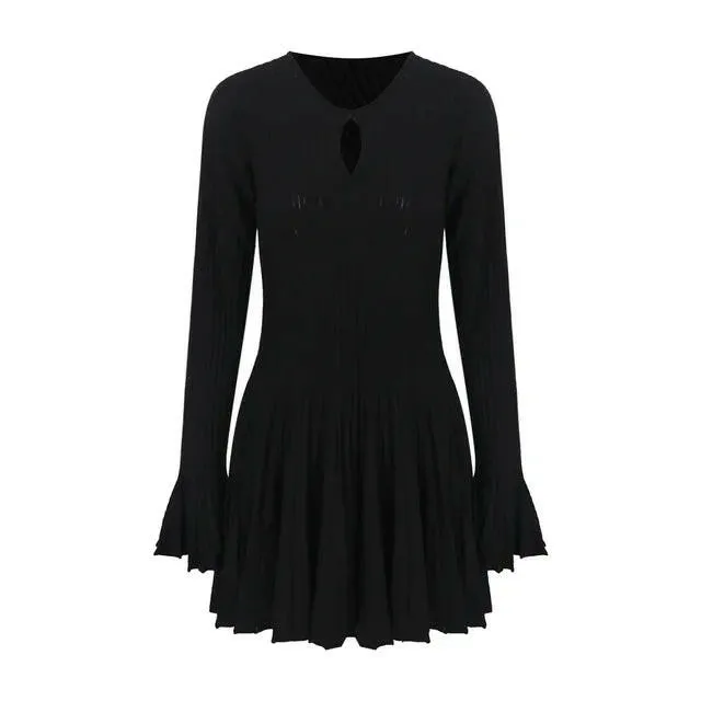 Korean Fashion Dresses for Women Autumn Winter Elegant Flare Sleeve Black Knit Wool Dress  High Quality Vestidos